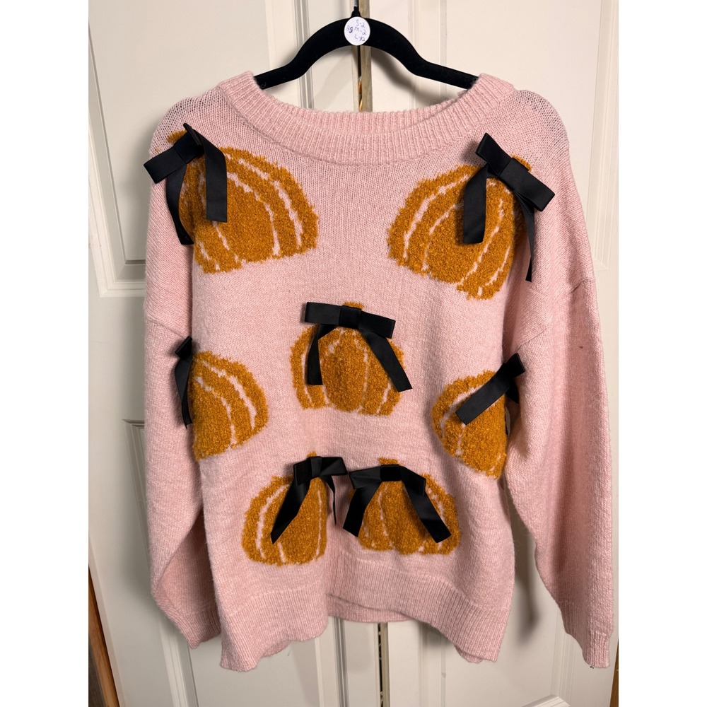 Peach Love California Pink Pumpkin Bow Sweater Coquette Knit Pullover Womens L